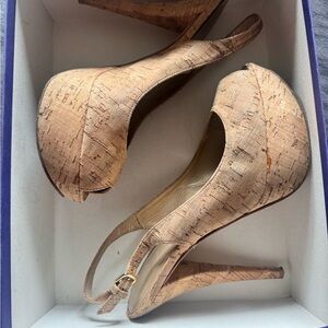 Stuart Weitzman Cork-Textured Beige Platform Slingback Heels